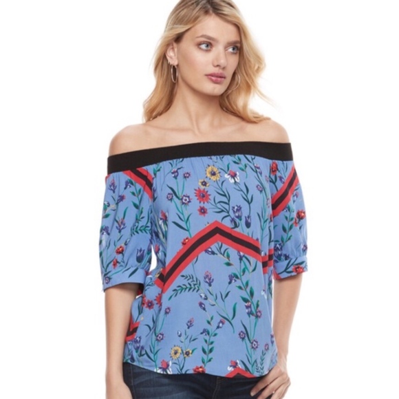 JUICY COUTURE Top Chevon Off Shoulder Short Sleeves Rayon Blue Floral Small - Picture 1 of 7